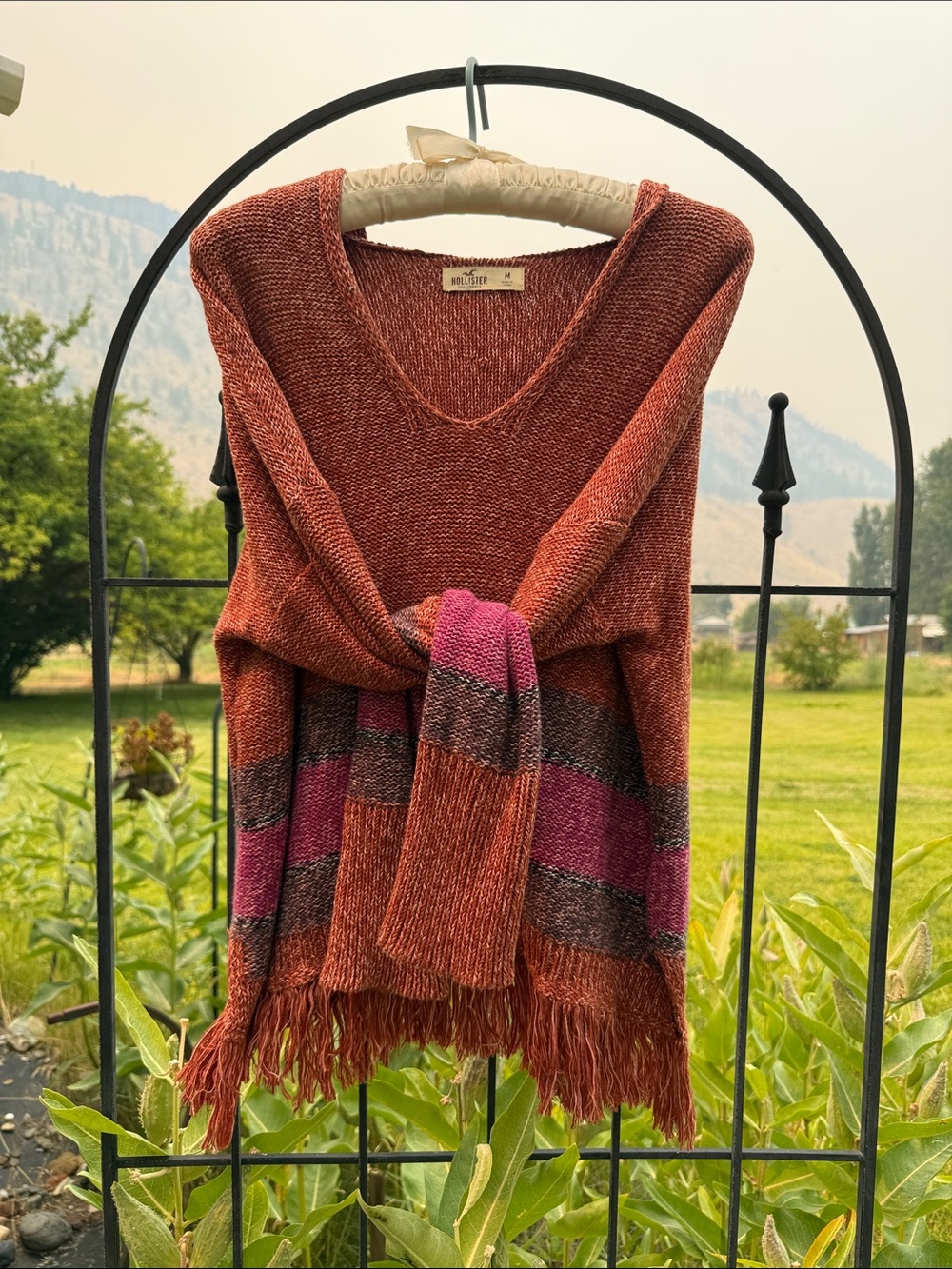Hollister Rust V-Neck Sweater with orange & purple Stripes